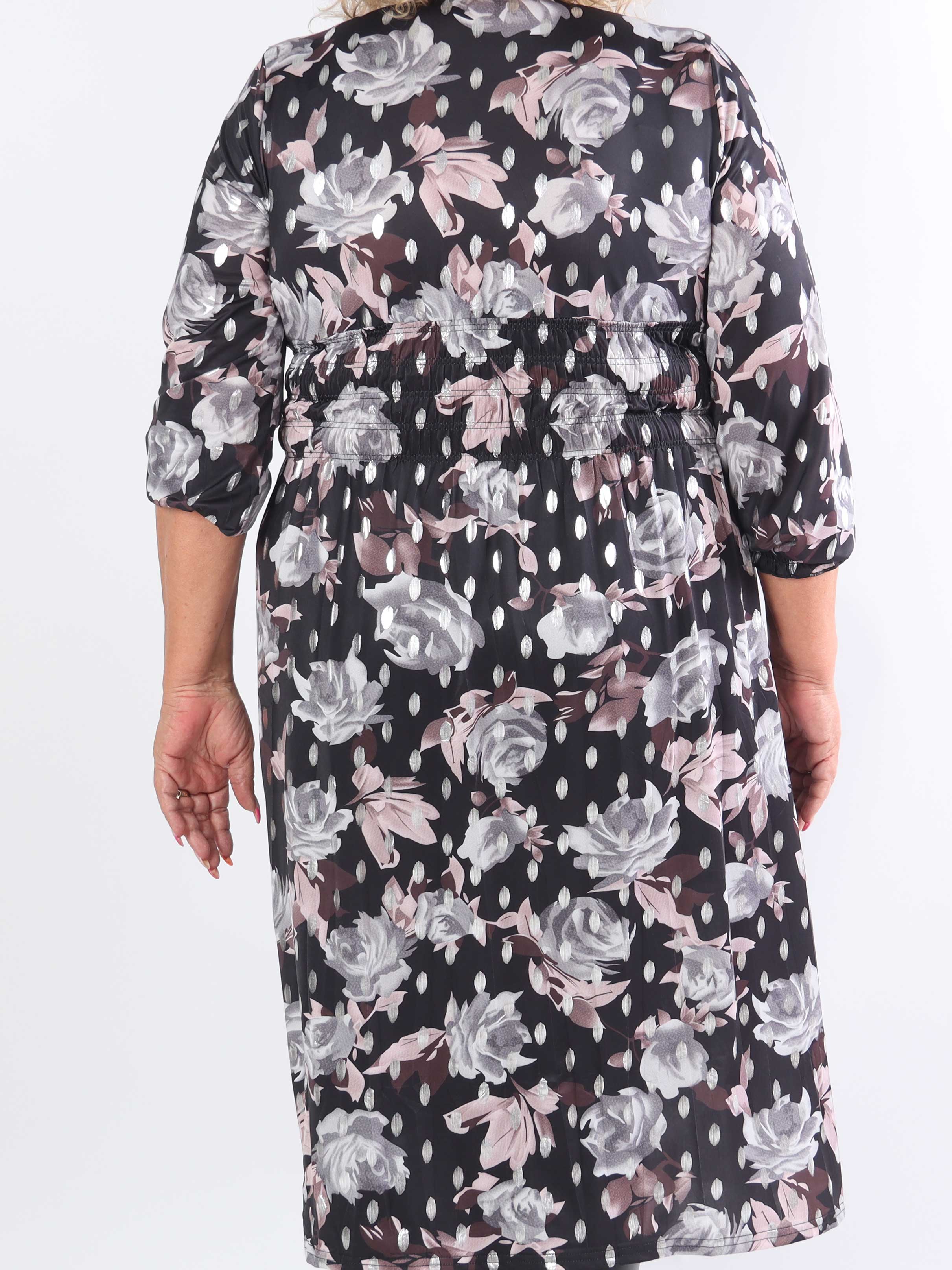 Pams Blossom Midi L/S - Elastisk plus size kjole i krølfrit stof med sølv prikker